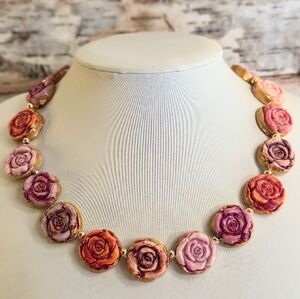 Stunning Handpainted Red Roses On Clay In Rustic Artisan Necklace​